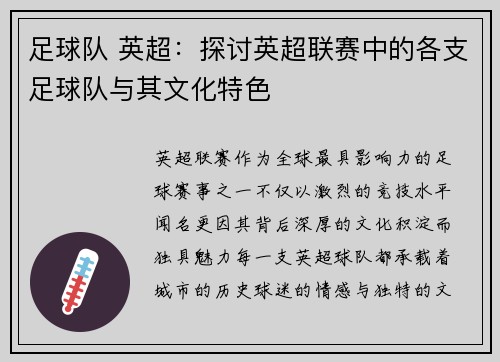 足球队 英超：探讨英超联赛中的各支足球队与其文化特色