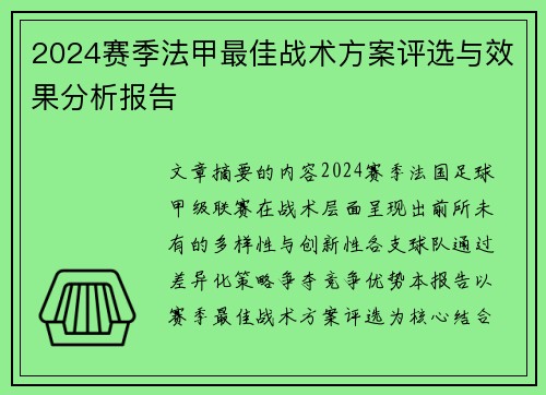 2024赛季法甲最佳战术方案评选与效果分析报告
