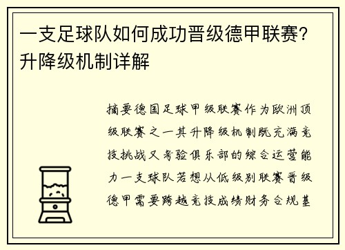 一支足球队如何成功晋级德甲联赛？升降级机制详解